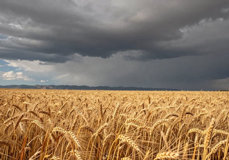 A dramatic photograph of a golden wheat field under a vast Montana sky. The lighting is moody with slate gray clouds in the distance and bright gold sun on the foreground stalks, emphasizing the high-plains aesthetic.