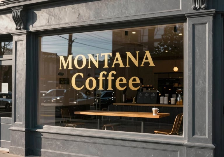 The storefront of a boutique local Montana coffee shop. The image features a slate gray exterior with elegant gold lettering on the glass window, reflecting the morning light.