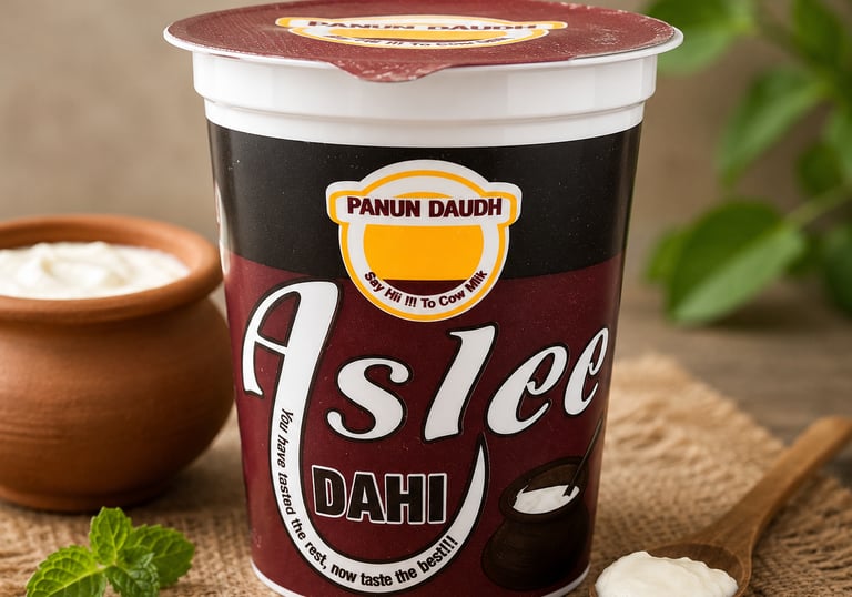 Panun Daudh Aslee Dahi cup on a burlap mat with a wooden spoon and clay pot of fresh yogurt.