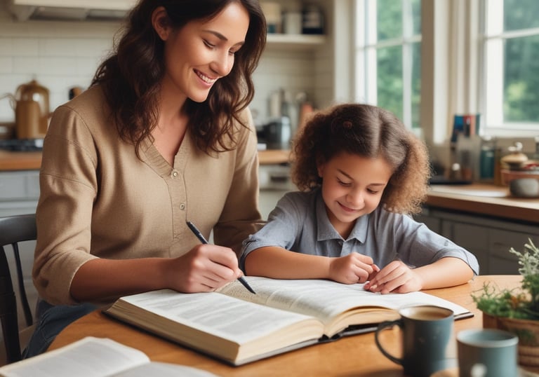 A group of parents and children sharing stories and laughter in a faith-based homeschool setting.