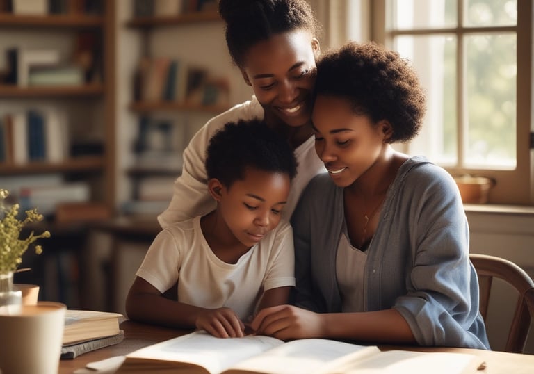 A family gathered around a table reading a Guided by Faith Books story together, smiling and engaged.