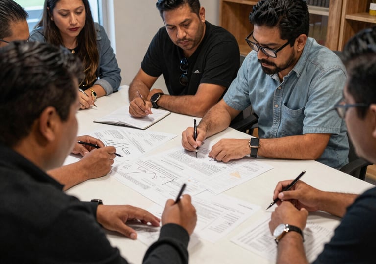 Team members planning content around a table with laptops and notes, sunlight filtering through a window.