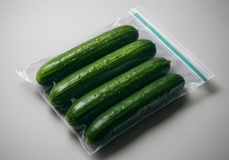 A high-resolution studio photograph of a premium cucumber bag with a zipper seal and bilingual English-French labeling, lying on a neutral grey surface with a clean North American retail aesthetic.
