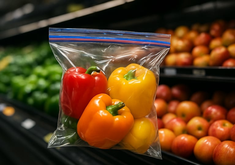 A high-quality commercial photograph of vibrant tri-color bell peppers inside a branded zipper bag, displayed in a well-lit North American grocery store produce section.