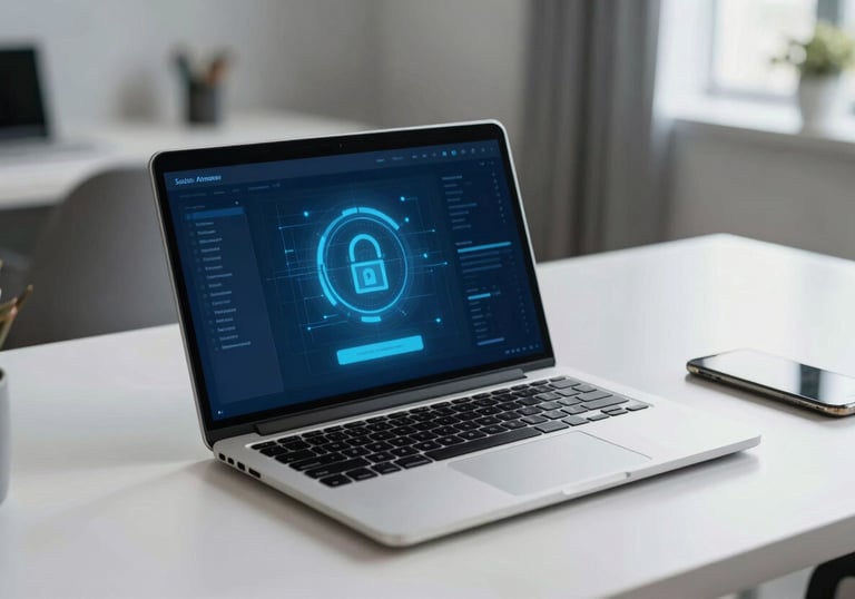 A modern workspace in a South American / Brazilian city, featuring a clean desk with a laptop showing a secure interface. Colors: Sea Blue and Dark Navy Blue.