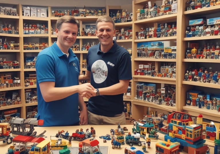 Bright and colorful shelves filled with second-hand toys, LEGO pieces, and Playmobil figures in a welcoming store setting.