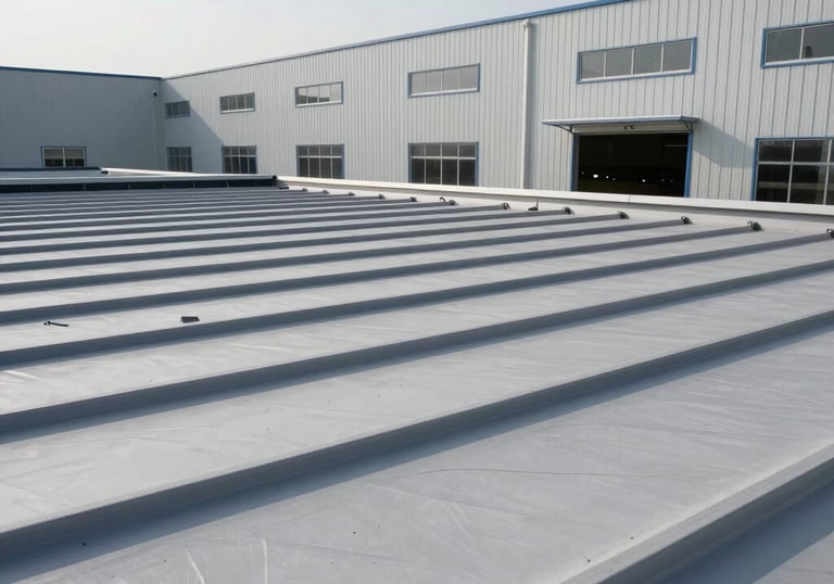 A finished commercial roofing project on a large warehouse facility, clean lines, industrial gray and white palette, professional architectural photography.