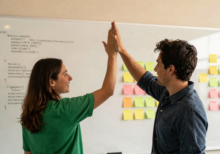 An action shot of two people in a North American tech hub high-fiving in front of a whiteboard filled with code and colorful sticky notes. The lighting is warm and community-focused, with Vibrant Green accents.