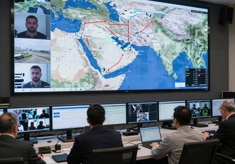 A strategic meeting with experts discussing maps and security data around a conference table.