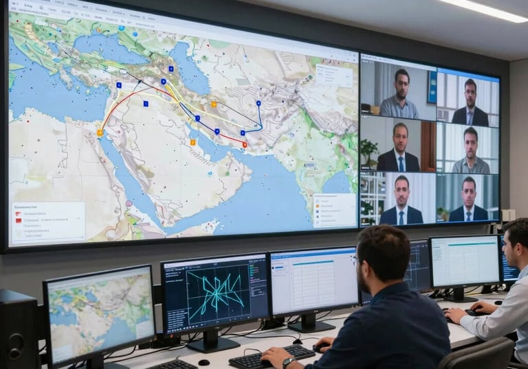 A strategic meeting with experts discussing maps and security data around a conference table.