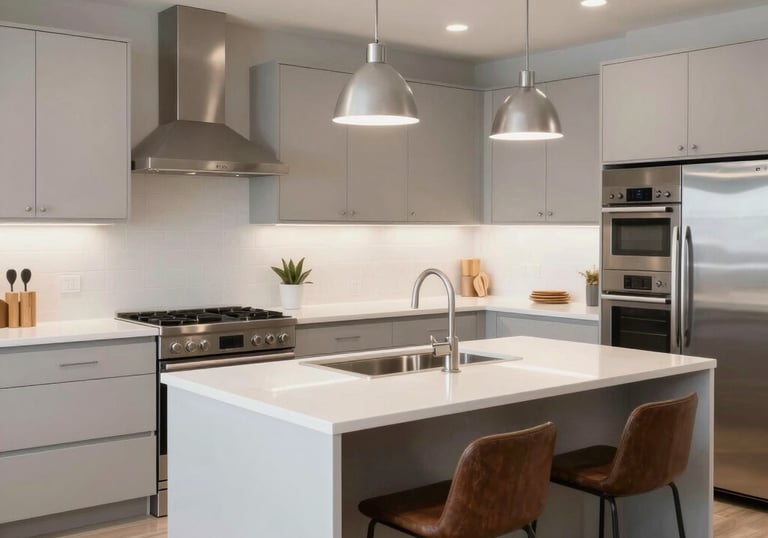 Bright, modern kitchen remodel featuring warm wood tones and blue accents.
