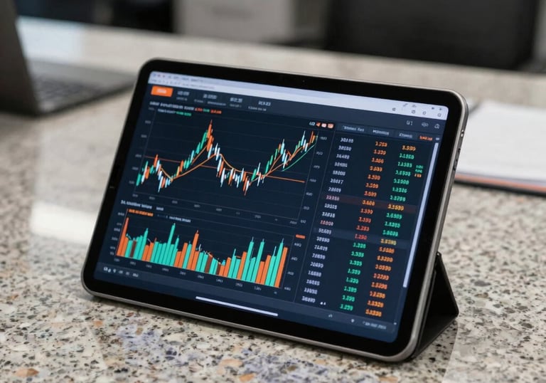A professional high-tech tablet displaying vibrant financial graphs and balance sheets sitting on a clean granite surface, North American / US office atmosphere.