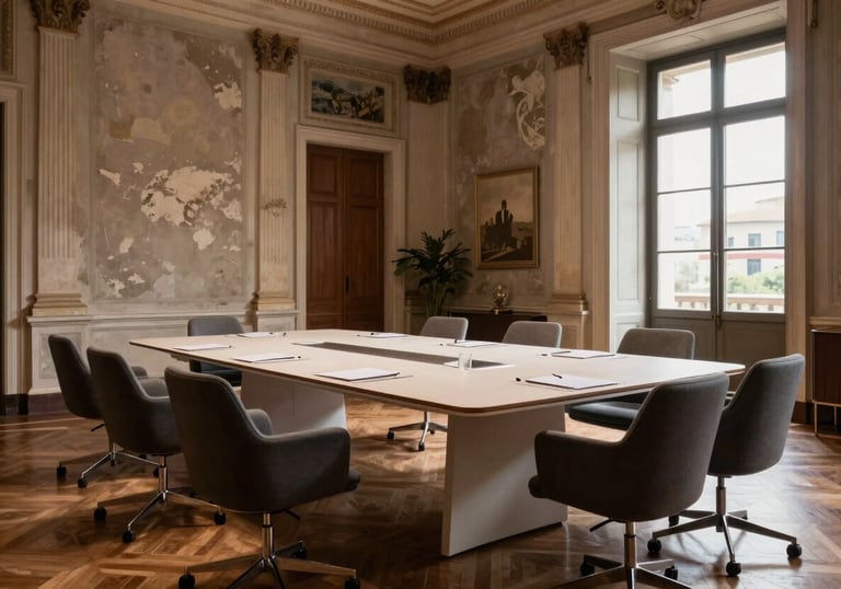 A sophisticated meeting room in a restored historic building in Rome. Modern ergonomic furniture blends with classic architecture. The lighting is warm yet professional, showing a space where big decisions are made.
