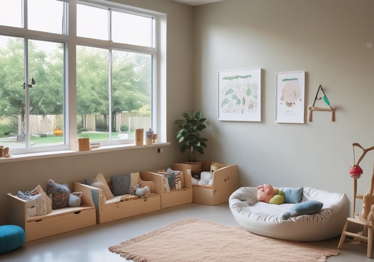 A cozy nap corner with soft blankets and gentle lighting for peaceful rest.