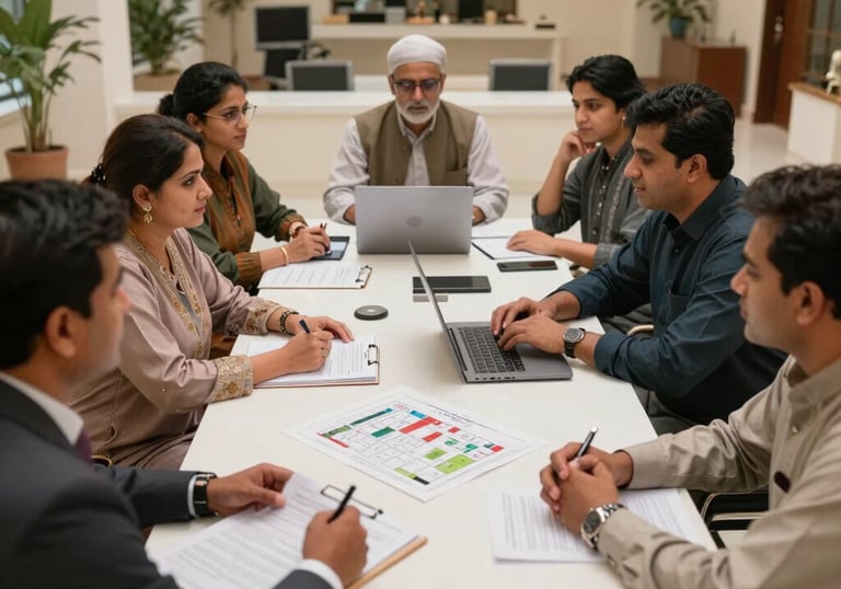 A sleek office space with agents discussing property documents and plans.