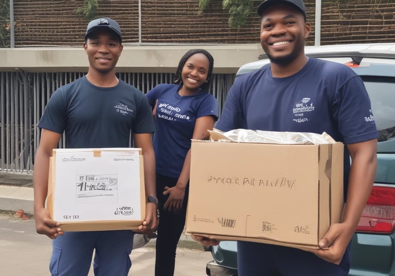 Volunteers handing out meals at a local feeding program event on a sunny afternoon.