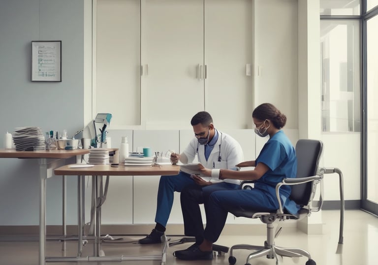 A smiling physician assisting a patient in a small-town hospital.