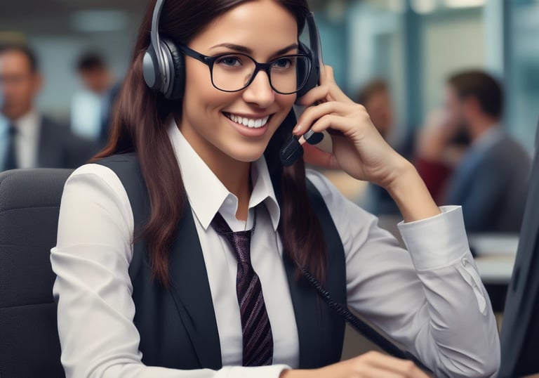 Professional call center agent wearing a headset, focused on assisting a customer.