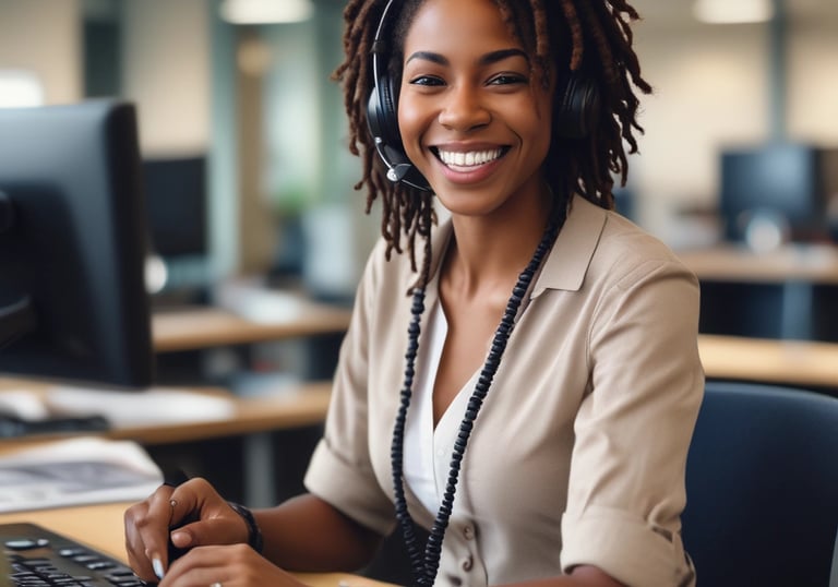 Professional call center agent wearing a headset, focused on assisting a customer.