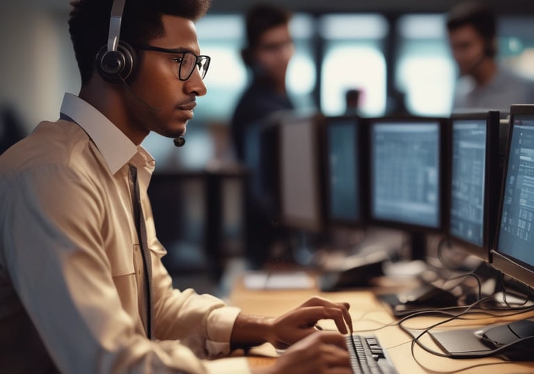Professional call center agent wearing a headset, focused on assisting a customer.