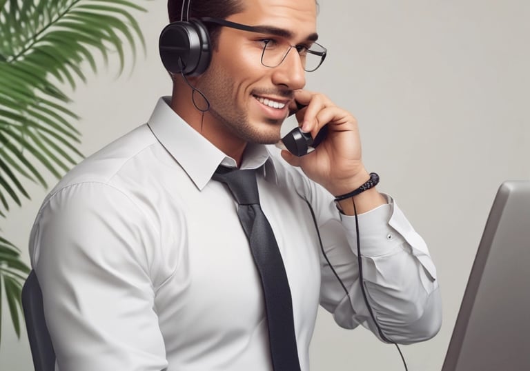 Professional call center agent wearing a headset, focused on assisting a customer.