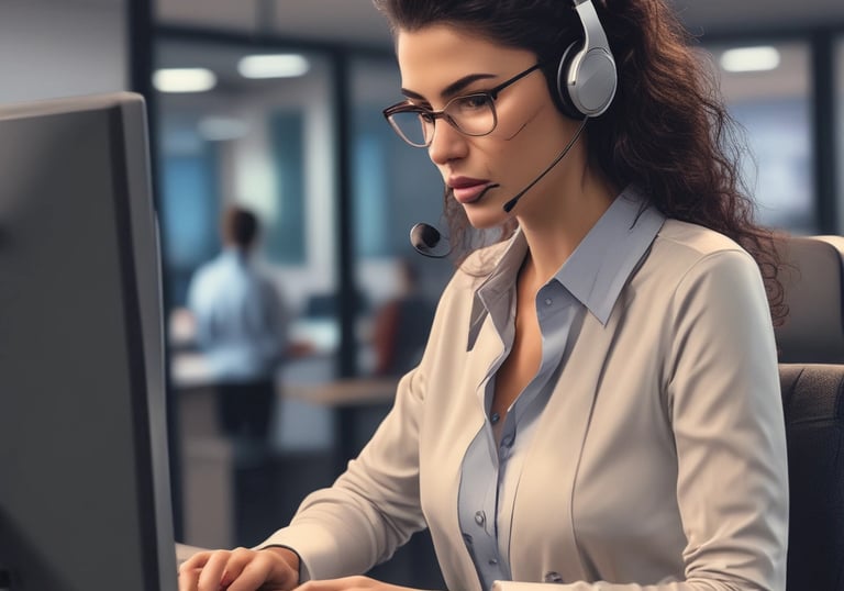 Professional call center agent wearing a headset, focused on assisting a customer.