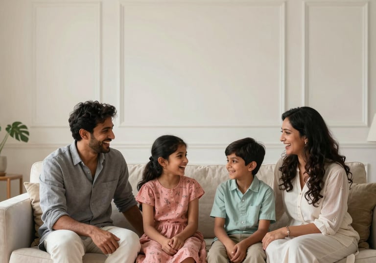 Photography of a South Asian / Indian family laughing in their bright, clean living room with elegant Soft Off-white walls, symbolizing a healthy and premium home environment.
