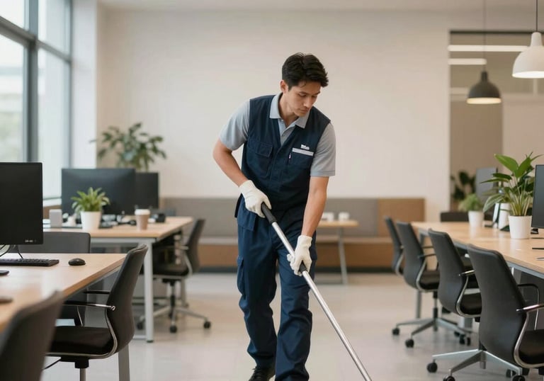 A professional cleaner carefully wiping down an office desk with a microfiber cloth.