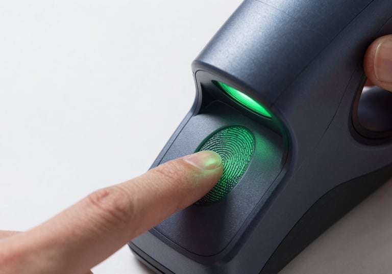 A clean, bright close-up of a finger using a biometric fingerprint scanner on a sleek dark device with a persian green light indicating access granted.