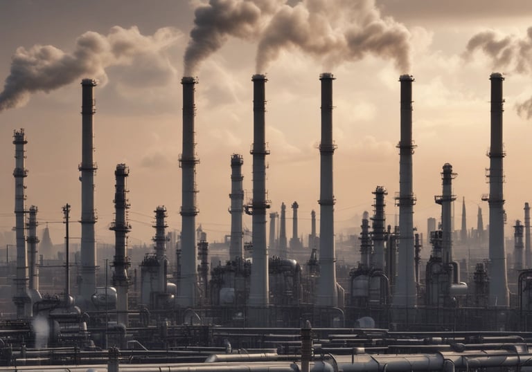 A large fuel tanker anchored at a busy sea port under clear skies.