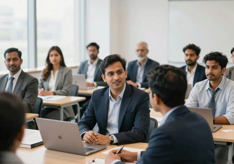 A group of diverse South Asian Indian professionals engaged in a training session, modern office setting, bright and airy composition, professional vibe.