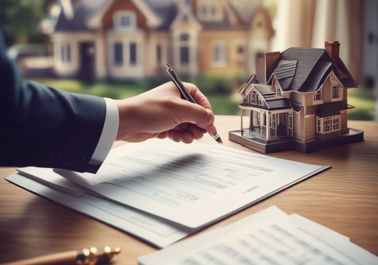 Close-up of hands signing a property sale agreement on a wooden desk.