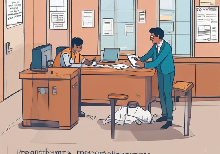 A professional lawyer reviewing property documents with clients in a Mumbai office.