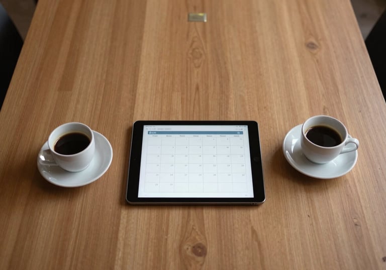A top-down view of a minimalist Moroccan boardroom table with two coffee cups and a tablet displaying a clean calendar full of appointments.