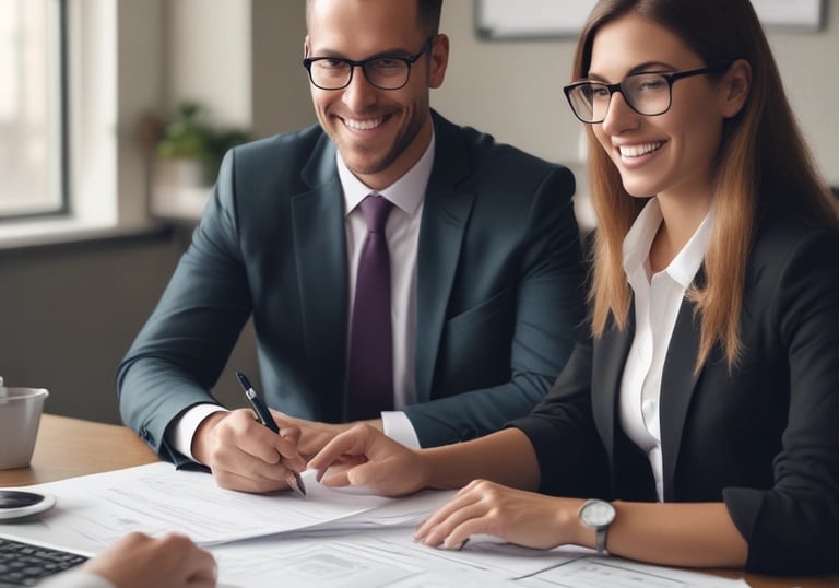 Professional consultant discussing financial options with a small business owner in a modern office.