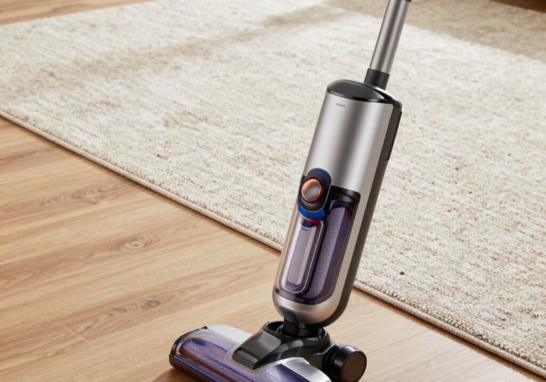 A modern high-efficiency vacuum cleaner with industrial-grade filters placed on a clean hardwood floor next to an immaculate rug in an upscale home.