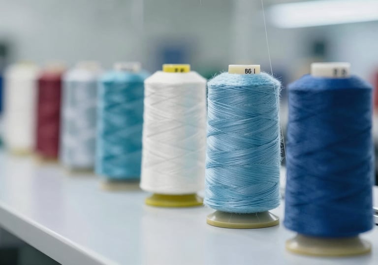 A macro photograph of professional sewing equipment and high-strength thread in a modern facility, using #B6C5C5 and #283645 to convey precision and quality.