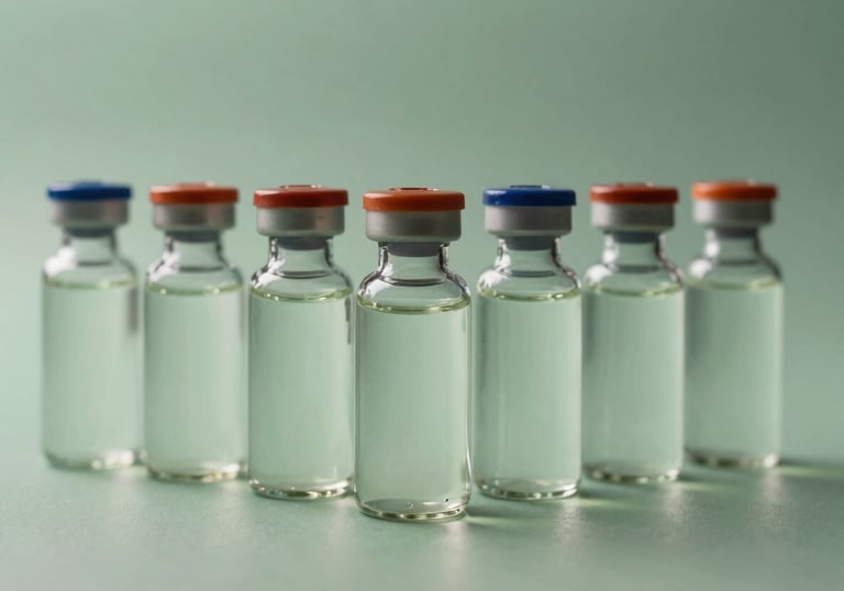 Bottles of generic liquid medications in a row, clean glass surfaces, studio lighting with muted sage green reflections, South American / Latin American pharmaceutical laboratory style.