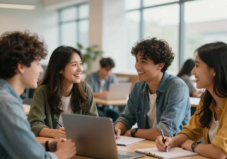 A group of diverse international students laughing and collaborating together in a bright, modern university student lounge. High-quality photography, International English / Global.