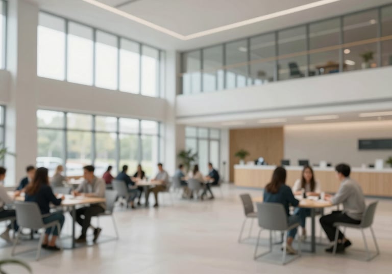 A modern, sophisticated community center hall with light pouring in through large windows, reflecting a sense of shared responsibility and gathering. Palette includes #F1F5EF and #6B7F67.