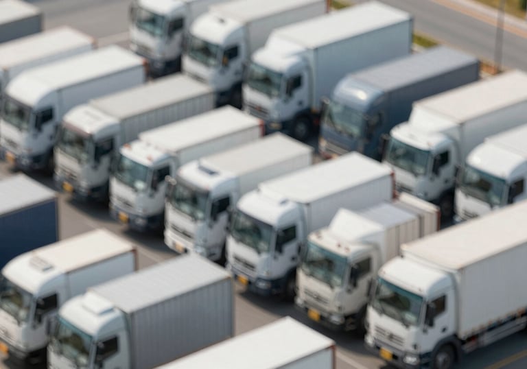 High-angle view of multiple trucks parked in a grid, representing national coverage, clean and orderly composition.