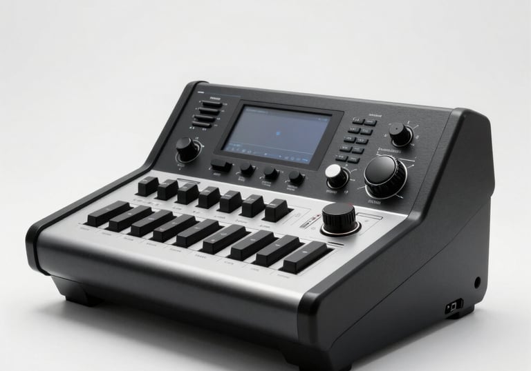 A standalone shot of a premium black and silver laser console in a minimalist white studio. Sharp edges, luxury texture, and high-tech elegance.