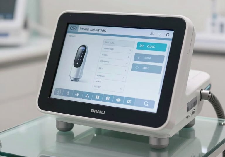 Close-up of a high-tech IPL device display showing a sleek user interface with professional medical settings, reflecting off a polished glass surface in a bright, clean clinic.