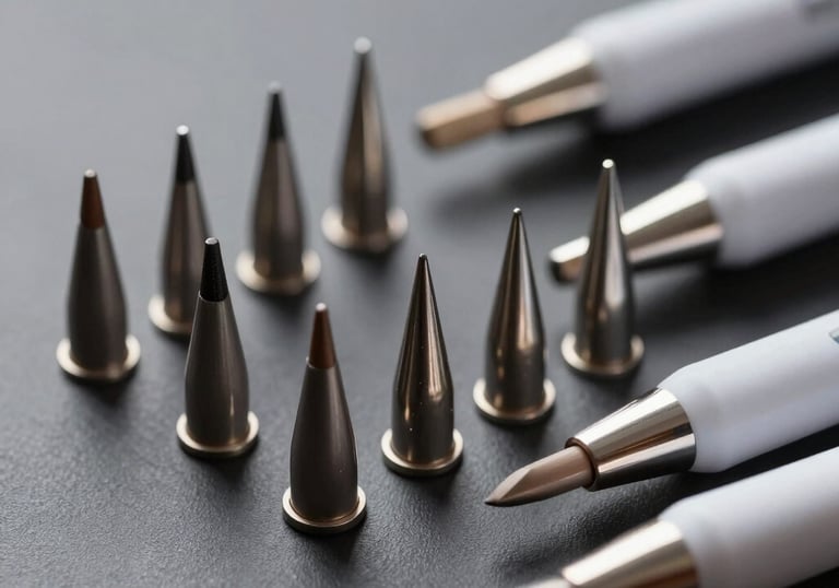 Close-up of high-quality cosmetic applicator heads arranged neatly on a dark gray surface, showing precision tips and ergonomic design.
