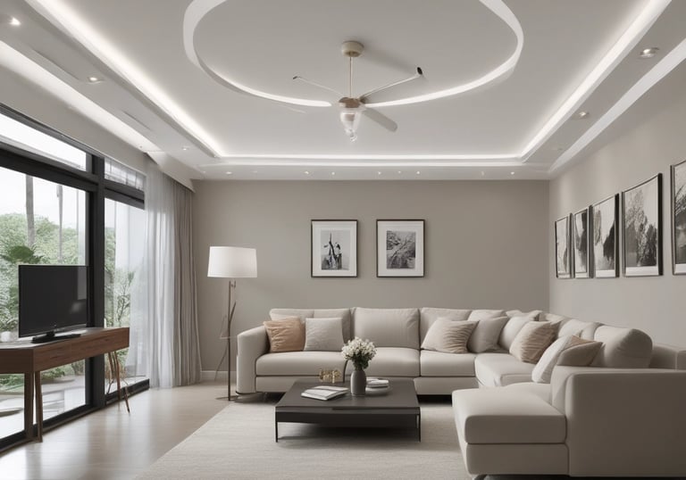 Close-up of a freshly installed smooth plaster ceiling with subtle lighting.