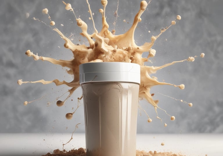 A freshly prepared protein shake poured into a transparent shaker bottle.