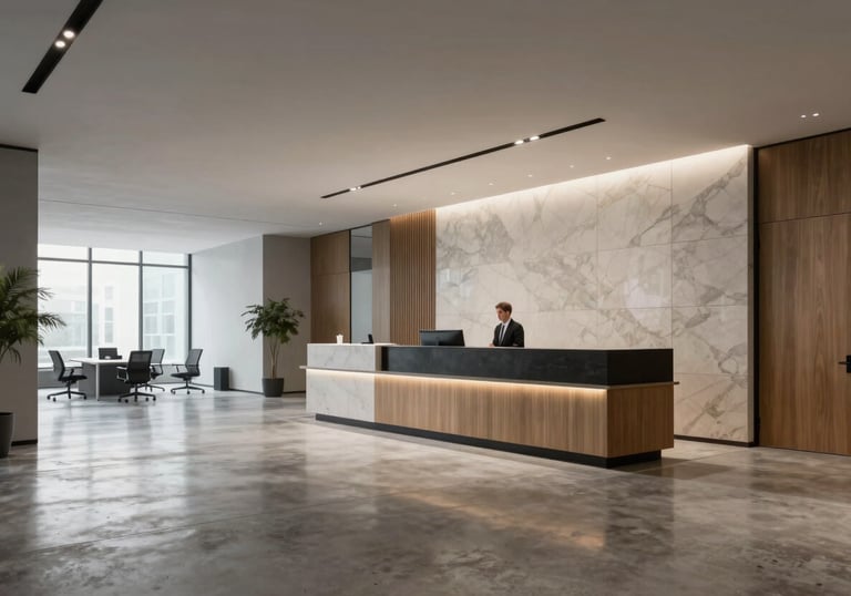 A modern European office lobby with clean lines, polished concrete floors, and a professional reception area, conveying trust and corporate sophistication.