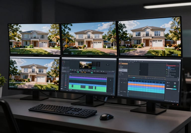 A high-tech video editing suite with multiple monitors showing real estate property walk-throughs in 4K resolution, dim studio lighting.
