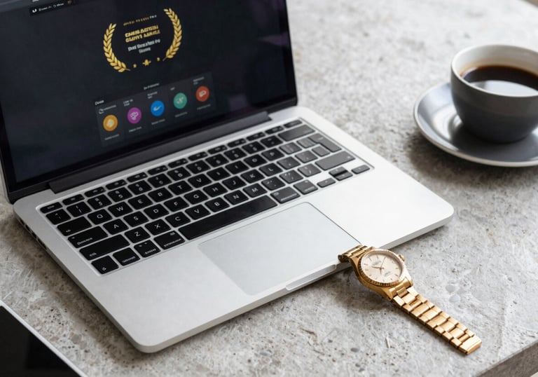 A high-end workspace featuring a laptop showing a secure interface, a gold-cased watch, and a cup of coffee on a light grey stone desk.