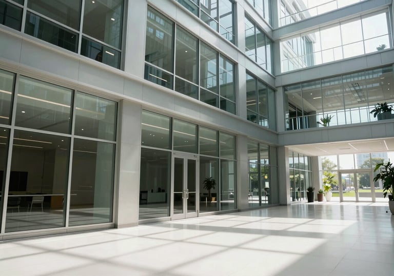 A wide-angle photograph of a modern North American corporate atrium with natural light, reflecting glass, and a clean white floor, symbolizing transparency and growth.